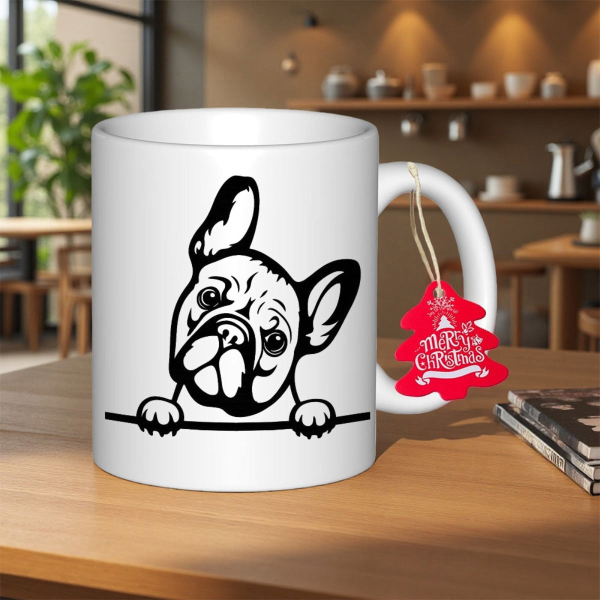 Tailorly White Ceramic 11 oz Mug - Merry Christmas Minimalist Black Ink Line Art Style Peeking Curious Frenchie Bulldog