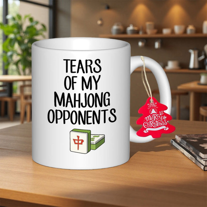 Tailorly White Ceramic 11 oz Mug - Tears Of My Mahjong Opponents Merry Christmas Polished White Finish Displaying Detailed Traditional Red Dragon Lucky Game