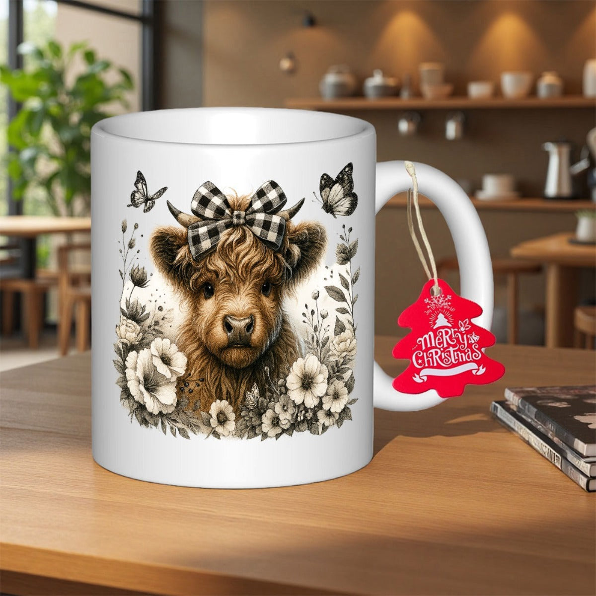 Tailorly White Ceramic 11 oz Mug - Merry Christmas Adorable Fluffy Highland Cow Wearing Plaid Bow Surrounded By Delicate Wildflowers Cow