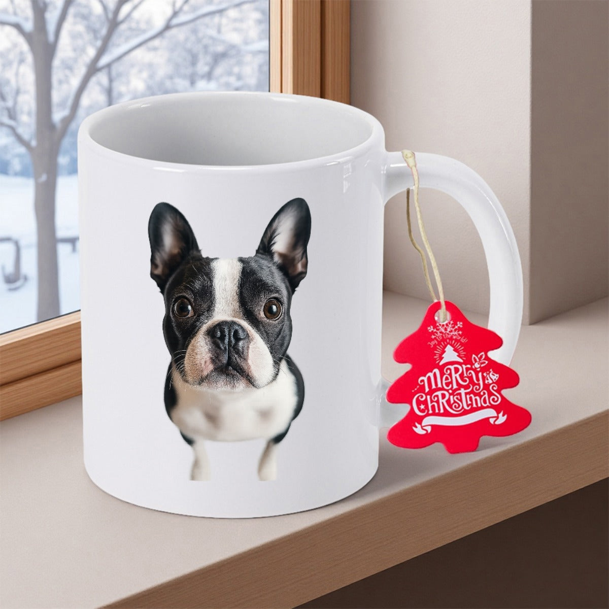 Tailorly White Ceramic 11 oz Mug - Merry Christmas Adorable Realistic Black And White Spotted Puppy Portrait With Large Ears Dog
