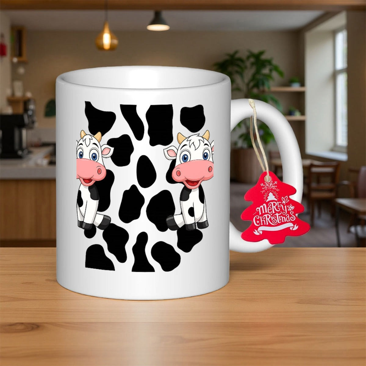 Tailorly White Ceramic 11 oz Mug - Merry Christmas Adorable Cartoon Baby Calves With Classic Black And White Spot Pattern Cow
