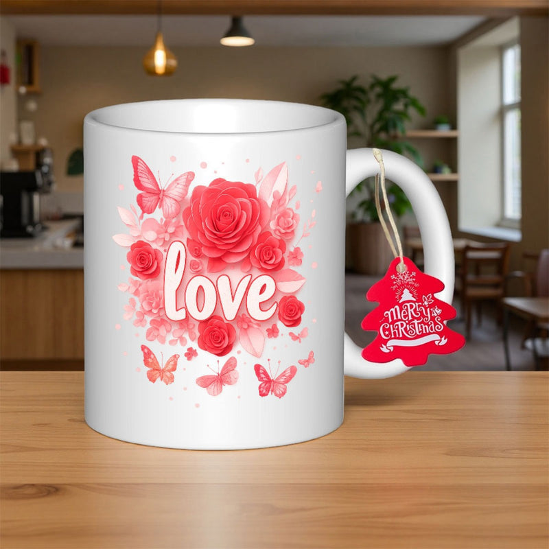 Tailorly White Ceramic 11 oz Mug - Love Merry Christmas Elegant Red Roses Among Graceful Fluttering Butterflies In Artistic Garden Rose