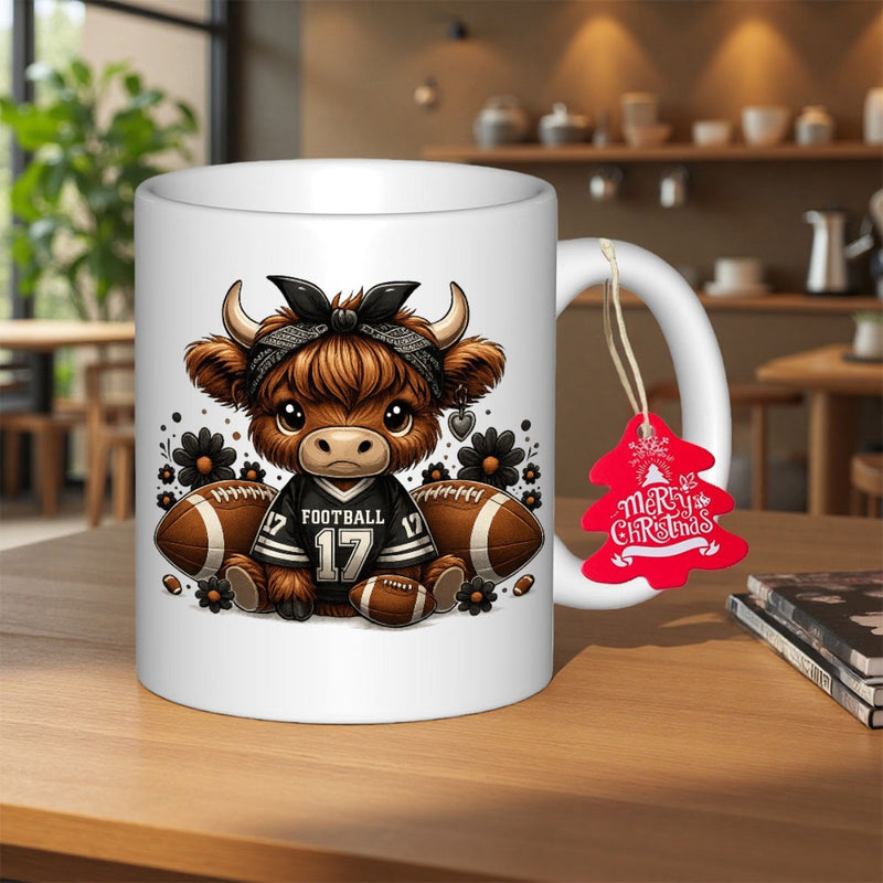 Tailorly White Ceramic 11 oz Mug - Football 17 Adorable Highland Calf Wearing Sports Jersey Among American Footballs And Flowers Cow