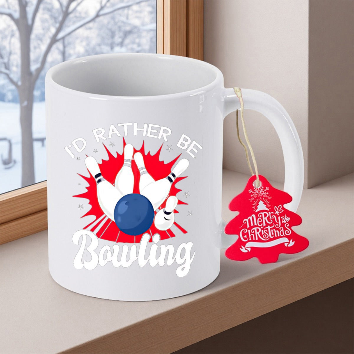Tailorly White Ceramic 11 oz Mug - Id Rather Be Bowling Blue Ball Crashing Into White Pins With Red Starburst Bowling