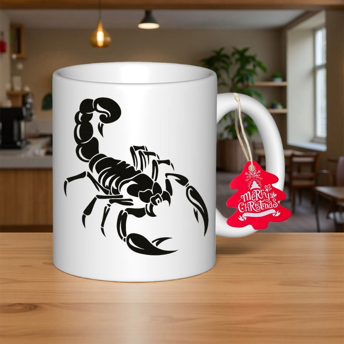 Tailorly White Ceramic 11 oz Mug - Bold Tribal Black Ink Silhouette Style With Curved Tail And Sharp Claws Scorpion