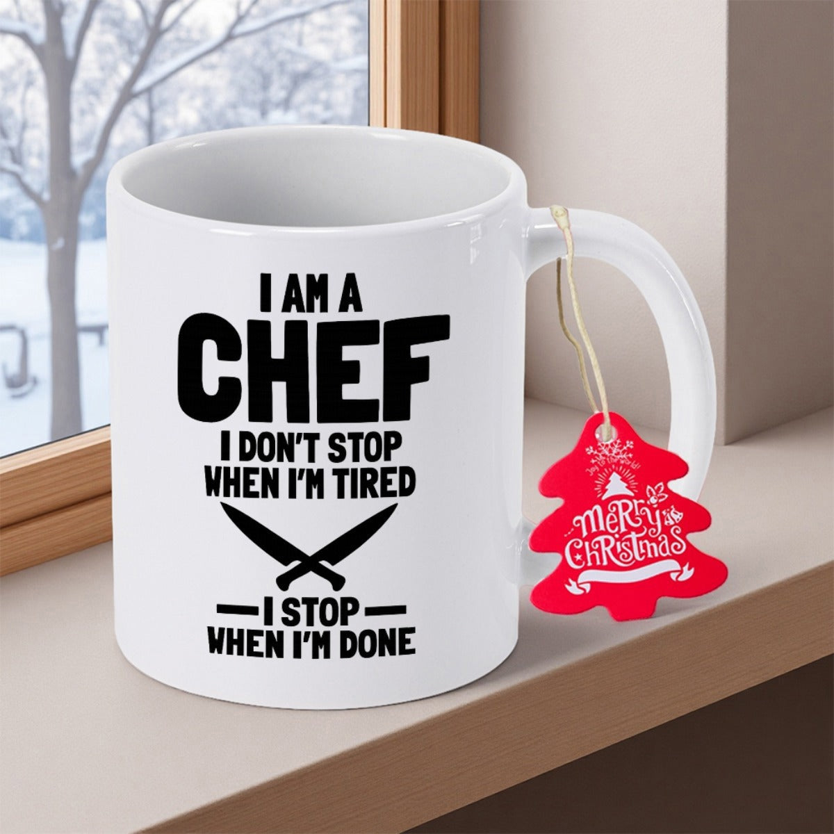 Tailorly White Ceramic 11 oz Mug - I Am A Chef I Dont Stop When Im Tired I Stop When Im Done Bold Minimalist Black Silhouette Design Featuring Crossed Professional