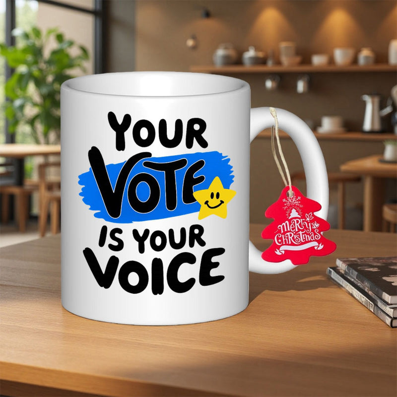 Tailorly White Ceramic 11 oz Mug - Your Vote Is Your Voice Bold Black Lettering With Blue Brushstroke And A Happy Yellow Star Mug