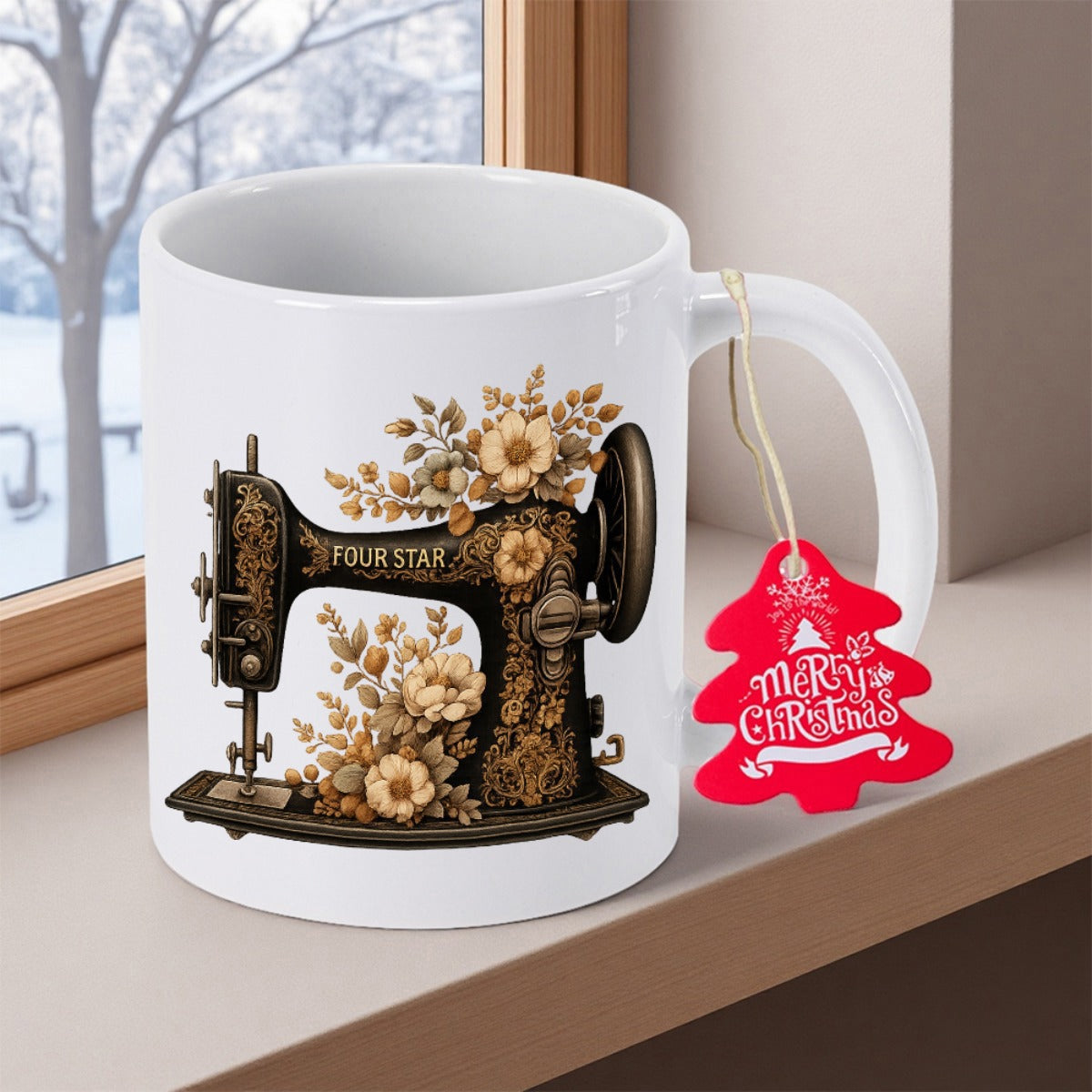 Tailorly White Ceramic 11 oz Mug - Four Star Merry Christmas Antique Metallic Body Surrounded By Golden Floral Blooming Petals Sewing Machine