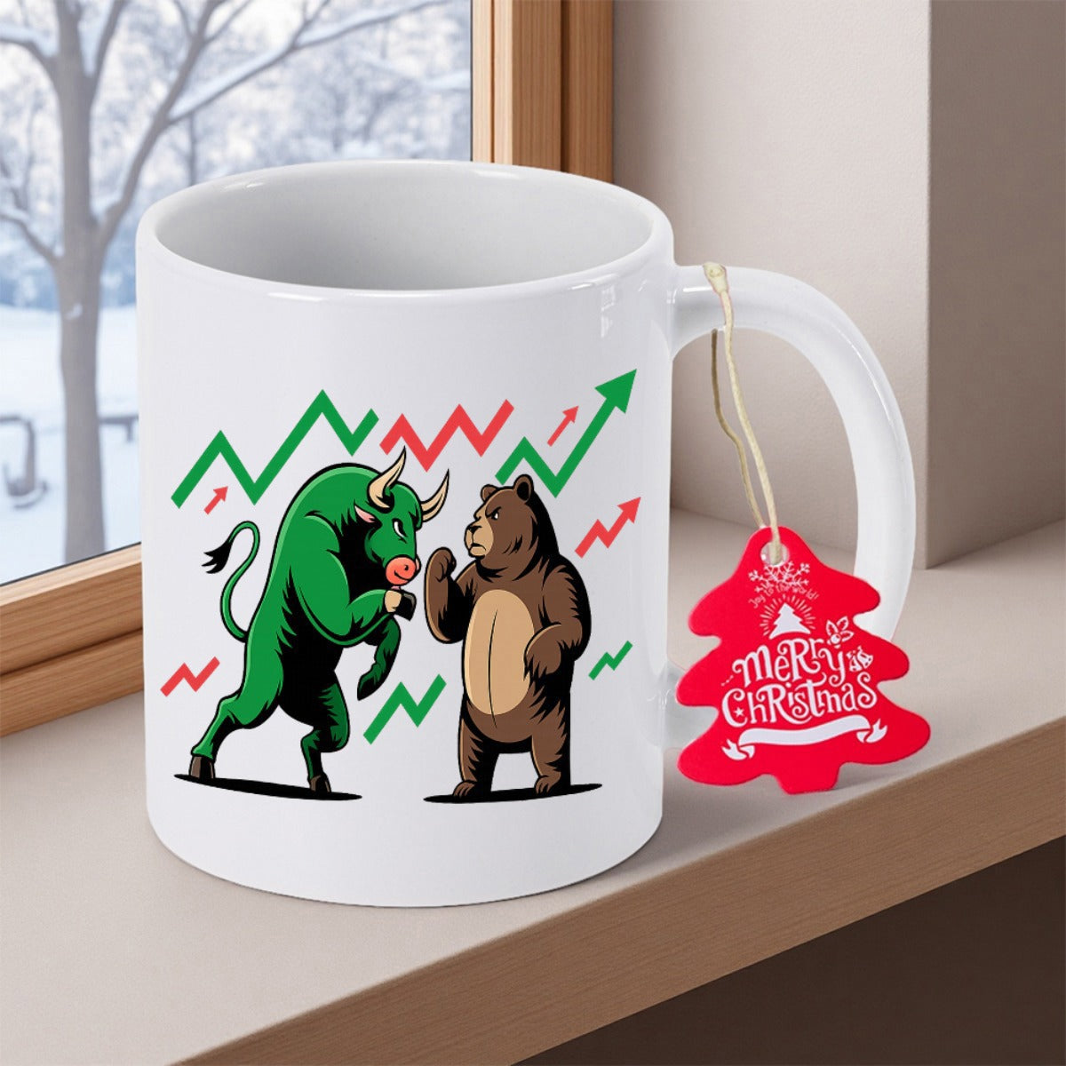 Tailorly White Ceramic 11 oz Mug - Merry Christmas Financial Market Bull And Bear Facing Fluctuating Trend Lines Bull