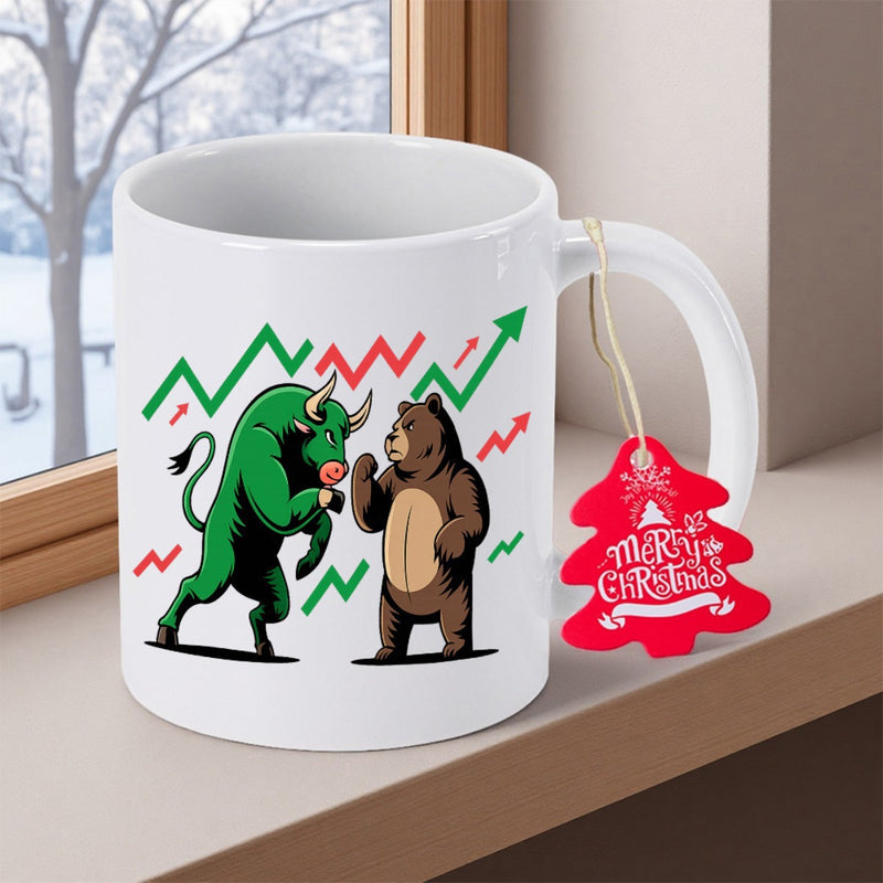 Tailorly White Ceramic 11 oz Mug - Merry Christmas Financial Market Bull And Bear Facing Fluctuating Trend Lines Bull