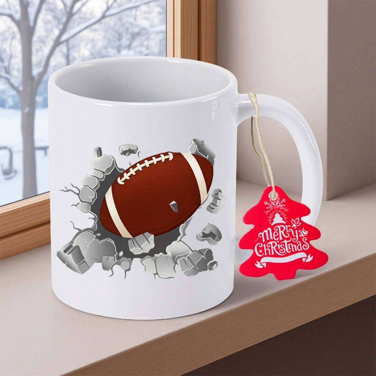 Tailorly White Ceramic 11 oz Mug - Powerful American Football Bursting Through Realistic Cracked Gray Stone Wall Football