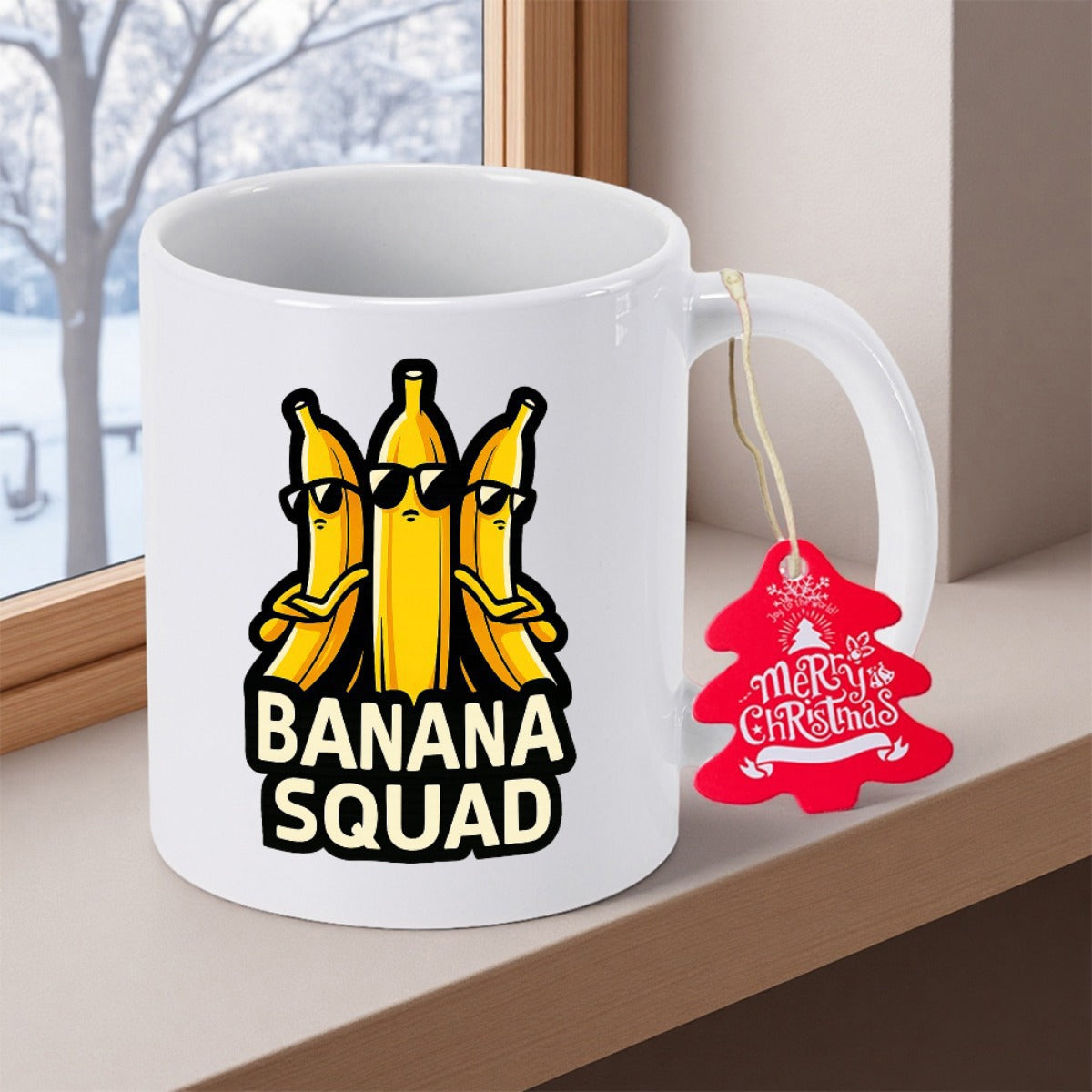 Tailorly White Ceramic 11 oz Mug - Banana Squad Three Cool Yellow Cartoon Characters Wearing Black Sunglasses Standing Together Banana