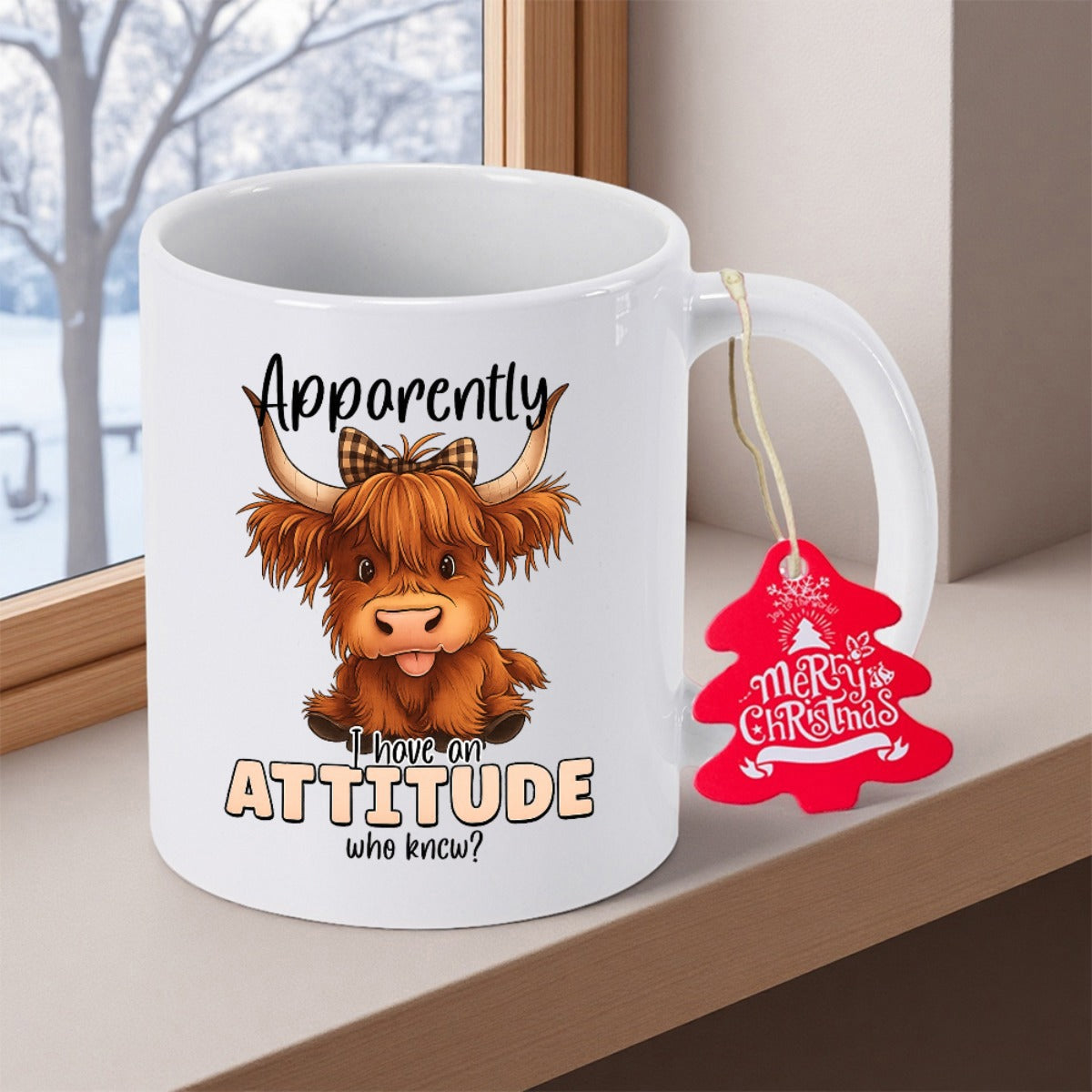 Tailorly White Ceramic 11 oz Mug - Apparently I Have An Attitude Who Knew Cute Fluffy Brown Highland Calf Wearing A Plaid Ribbon Bow Cow
