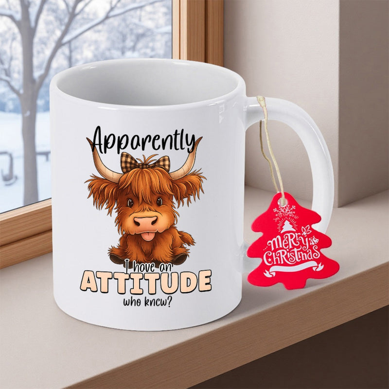 Tailorly White Ceramic 11 oz Mug - Apparently I Have An Attitude Who Knew Cute Fluffy Brown Highland Calf Wearing A Plaid Ribbon Bow Cow