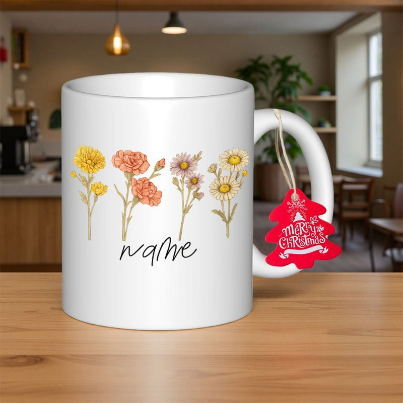 Tailorly White Ceramic 11 oz Mug - Name Merry Christmas Vibrant Wildflowers Hand Painted In A Delicate Minimalist Row Flower