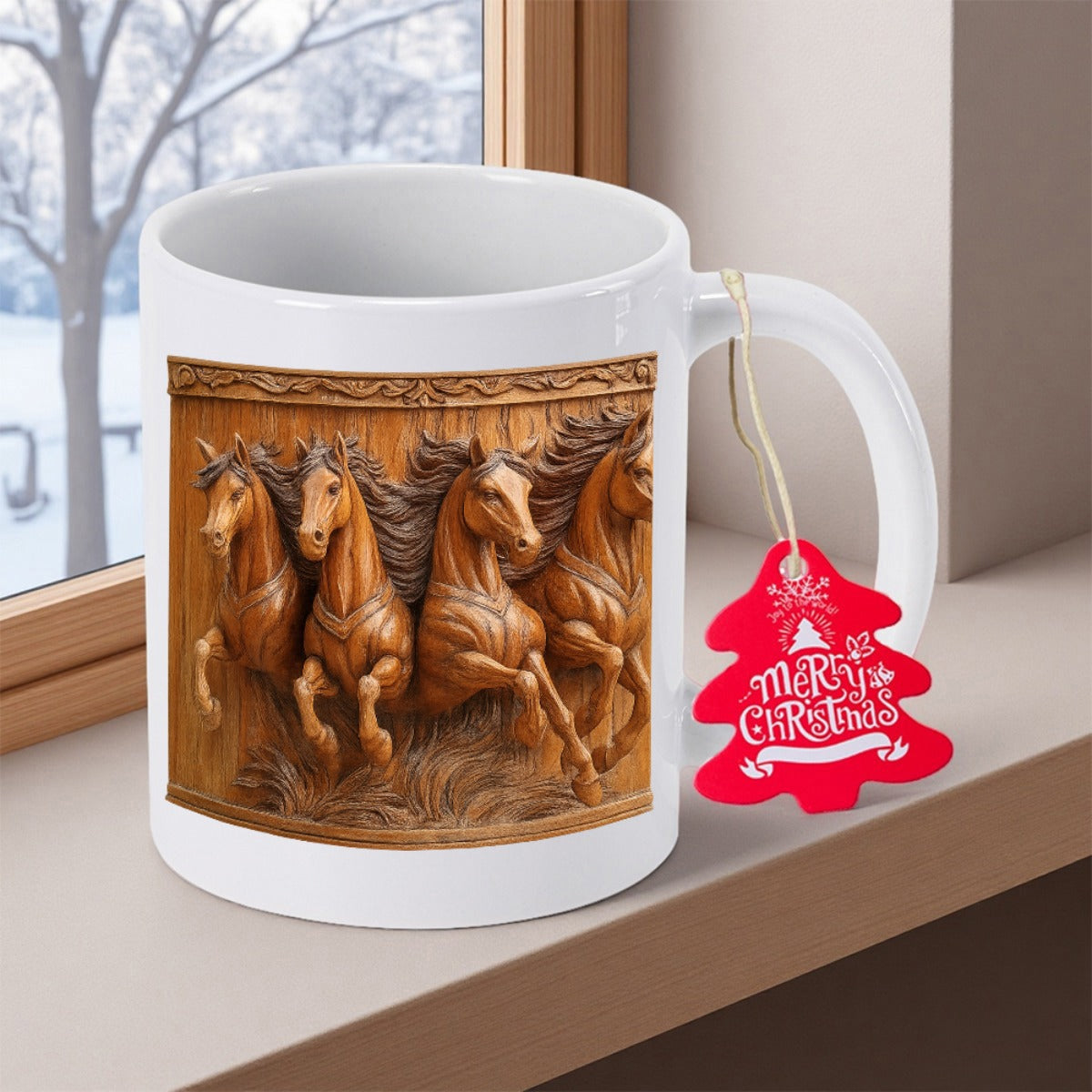 Tailorly White Ceramic 11 oz Mug - Merry Christmas Detailed Rustic Brown Wood Carving Pattern Of Running Wild Stallions Horse