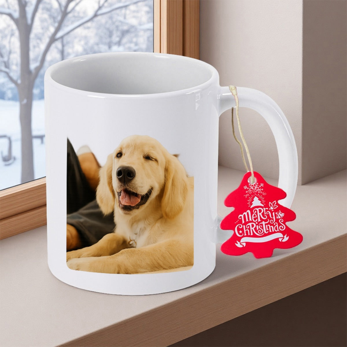 Tailorly White Ceramic 11 oz Mug - Happy Golden Retriever Puppy Lying Down On Clean