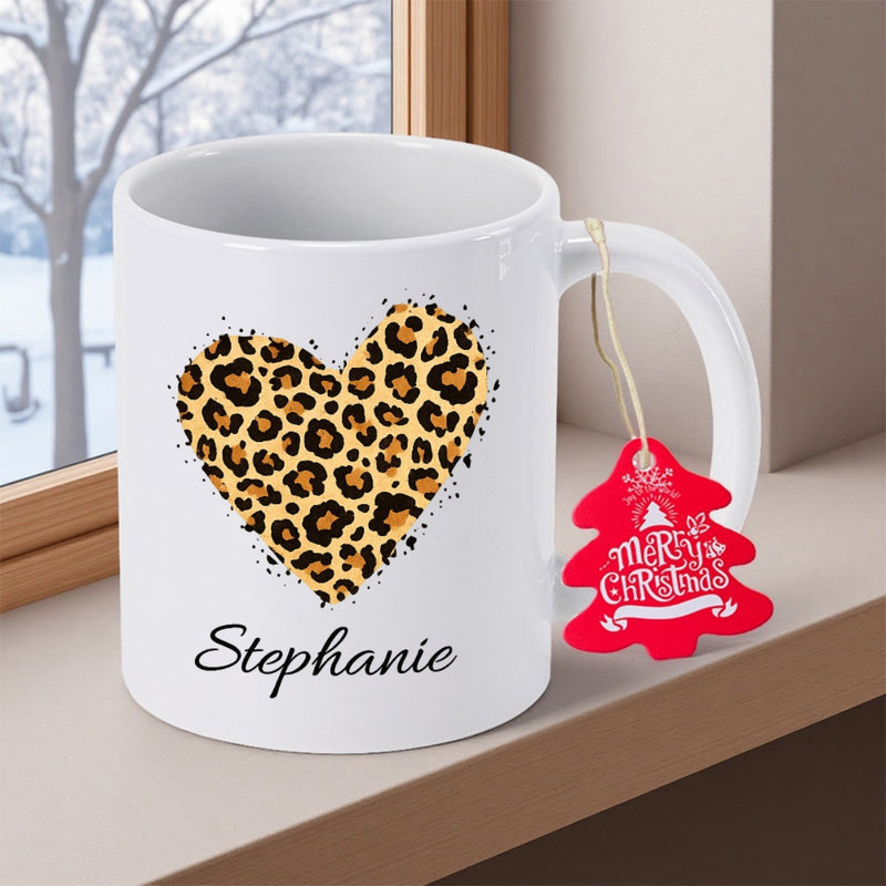 Tailorly White Ceramic 11 oz Mug - Stephanie Stylish Wild Leopard Pattern Filling A Romantic Classic Shape Heart
