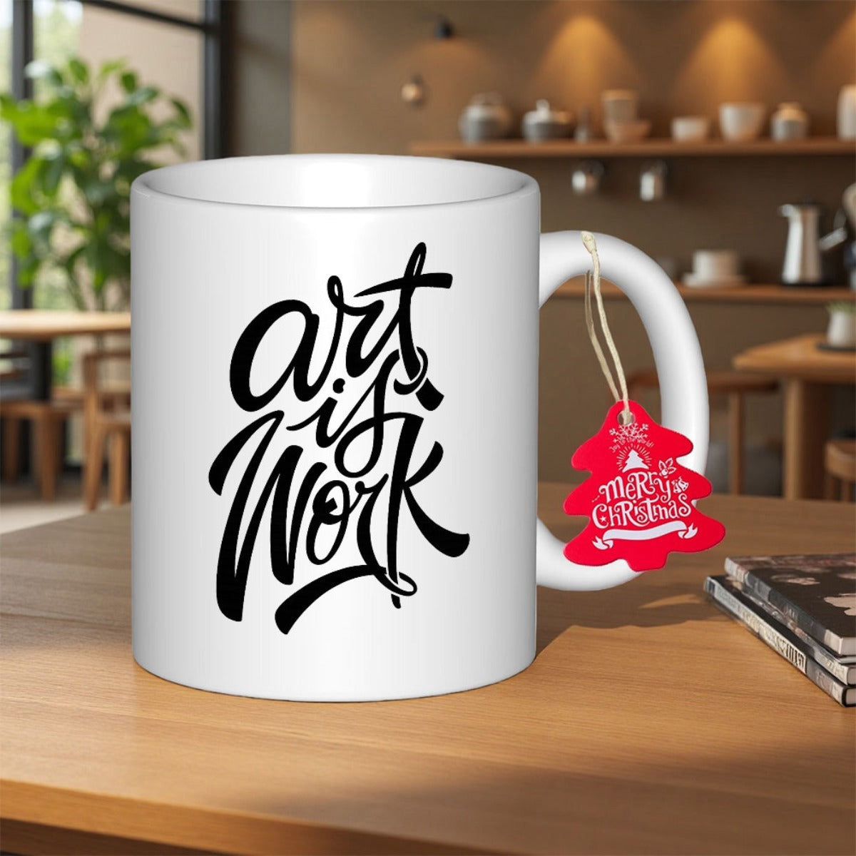 Tailorly White Ceramic 11 oz Mug - Art Is Work Elegant Hand Lettered Calligraphy Featuring Bold Minimalist Black Ink Swirls Script