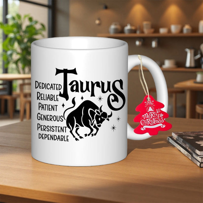 Tailorly White Ceramic 11 oz Mug - Merry Christmas Taurus Dedicated Reliable Patient Generous Persistent Dependable Artistic Black Silhouette Of A Strong Charging