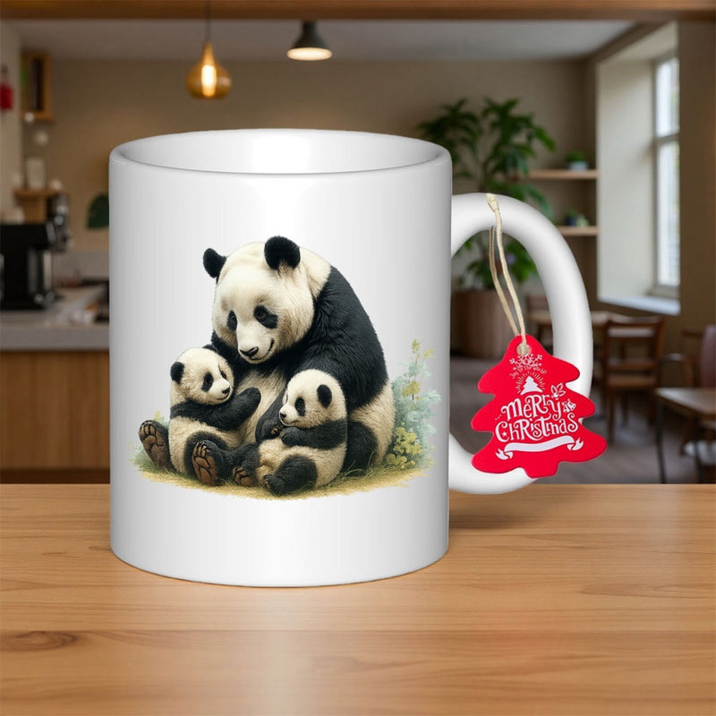Tailorly White Ceramic 11 oz Mug - Merry Christmas Mother Panda Sitting Peacefully Together With Two Cute Little Baby Cubs Panda