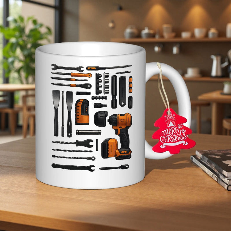 Tailorly White Ceramic 11 oz Mug - Industrial Workshop Equipment Featuring Assorted Manual Hand And Power Drill Tools