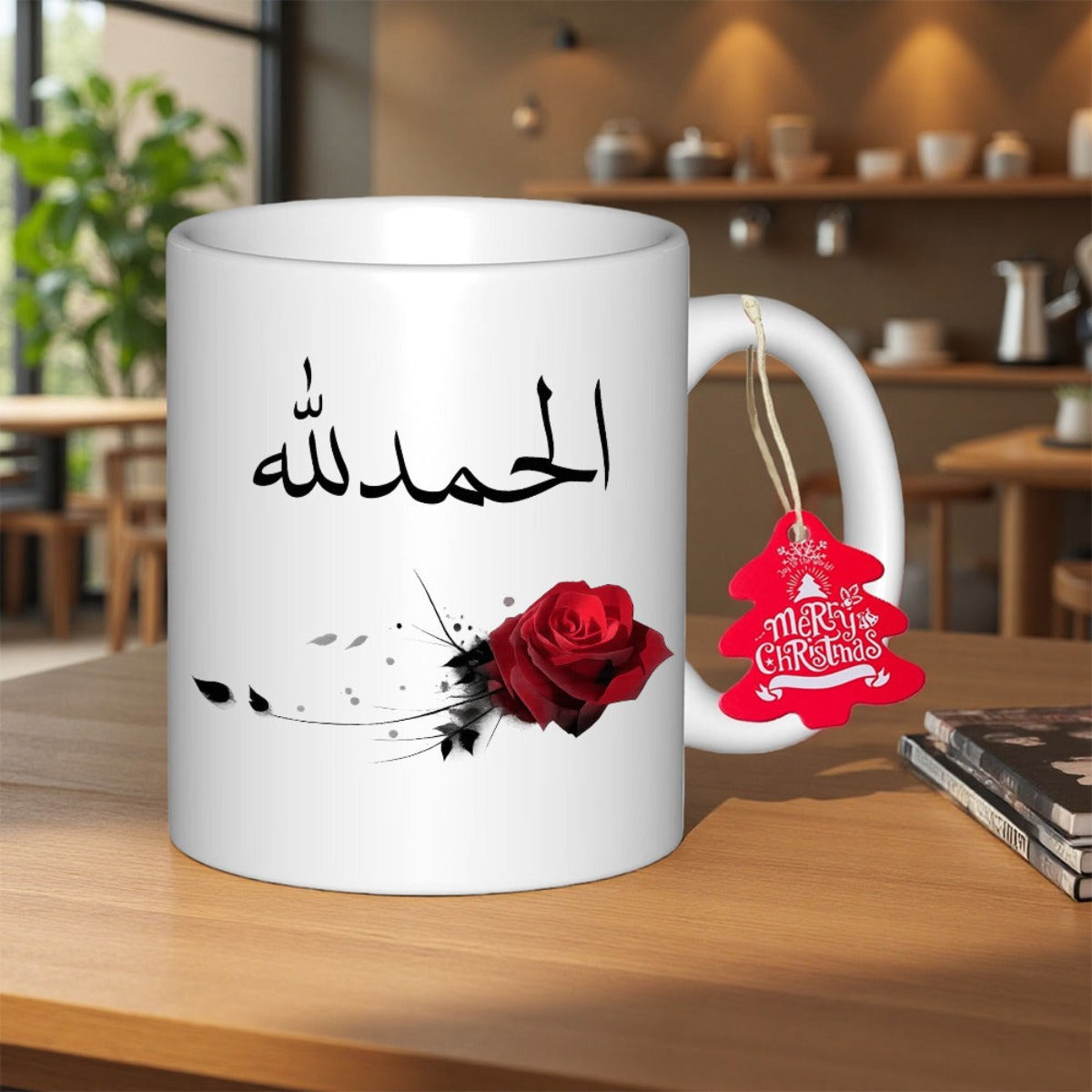 Tailorly White Ceramic 11 oz Mug - Vibrant Red Petals With Artistic Black Ink Splatter Splashes And Delicate Blossoming Rose
