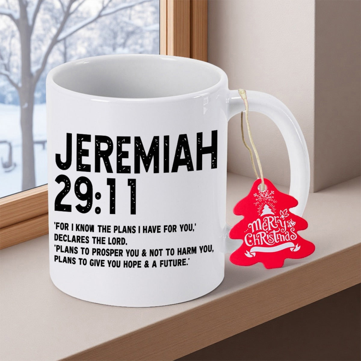 Tailorly White Ceramic 11 oz Mug - Jeremiah 29 11 Merry Christmas Minimalist Polished White Surface Featuring Classic Bold Distressed Religious Scripture Mug