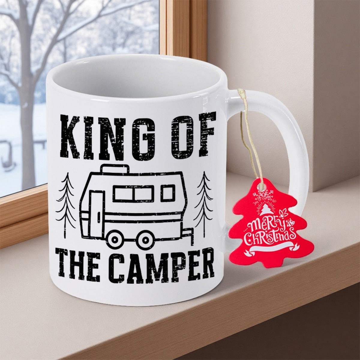 Tailorly White Ceramic 11 oz Mug - King Of The Camper Rustic Line Art Trailer Parked Between Minimalist Evergreen Forest Pine Trees Camper