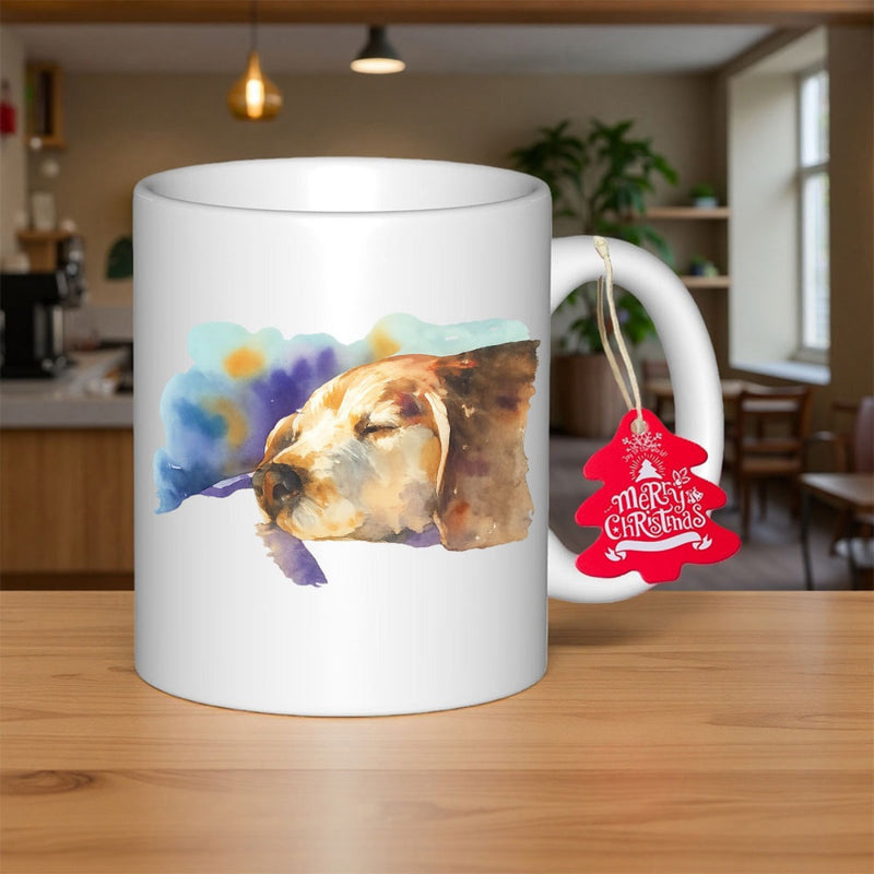 Tailorly White Ceramic 11 oz Mug - Merry Christmas Peaceful Watercolor Sleeping Pet Surrounded By Colorful Soft Pastel Splashes Dog