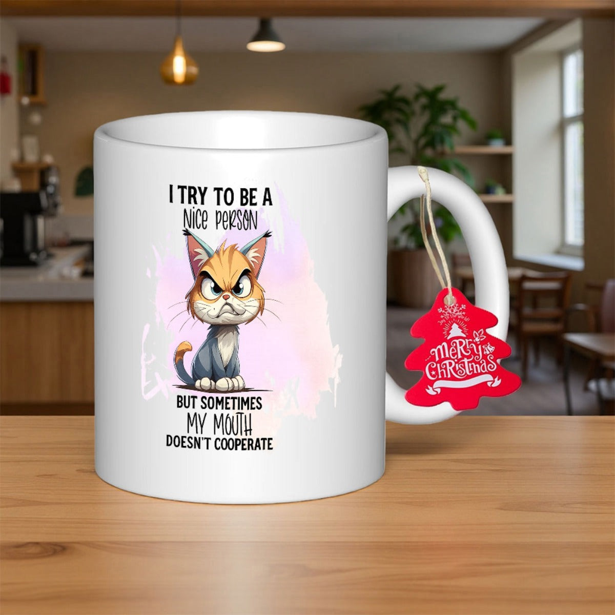 Tailorly White Ceramic 11 oz Mug - I Try To Be A Nice Person But Sometimes My Mouth Doesnt Cooperate Grumpy Cartoon Kitten With Orange And Grey Fur Cat