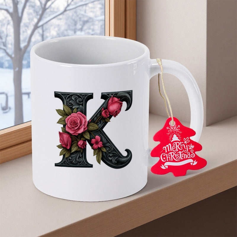 Tailorly White Ceramic 11 oz Mug - Merry Christmas Intricate Carved Black Letter K Adorned With Elegant Pink Blooming Roses Letter