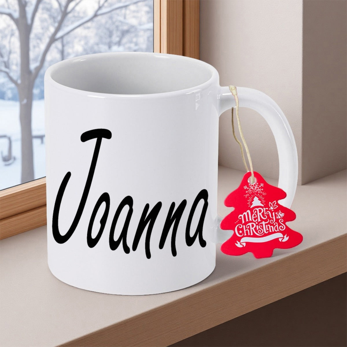Tailorly White Ceramic 11 oz Mug - Joanna Merry Christmas Minimalist White Ceramic With Handwritten Script And Festive Tree Tag Mug