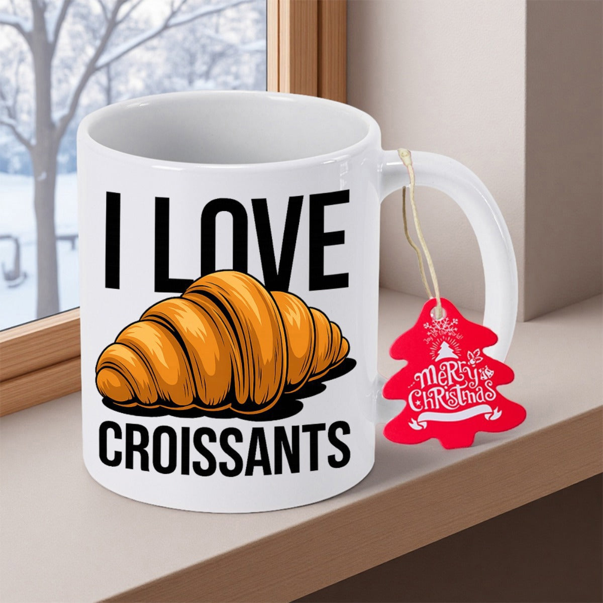 Tailorly White Ceramic 11 oz Mug - I Love Croissants Golden Flaky Pastry With Detailed Layers On A Clean White Surface Croissant