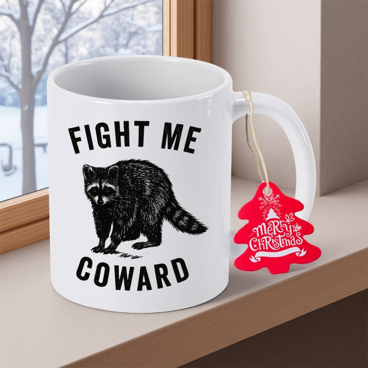 Tailorly White Ceramic 11 oz Mug - Fight Me Coward Realistic Black And White Sketch Of A Standing Grumpy Furry Raccoon