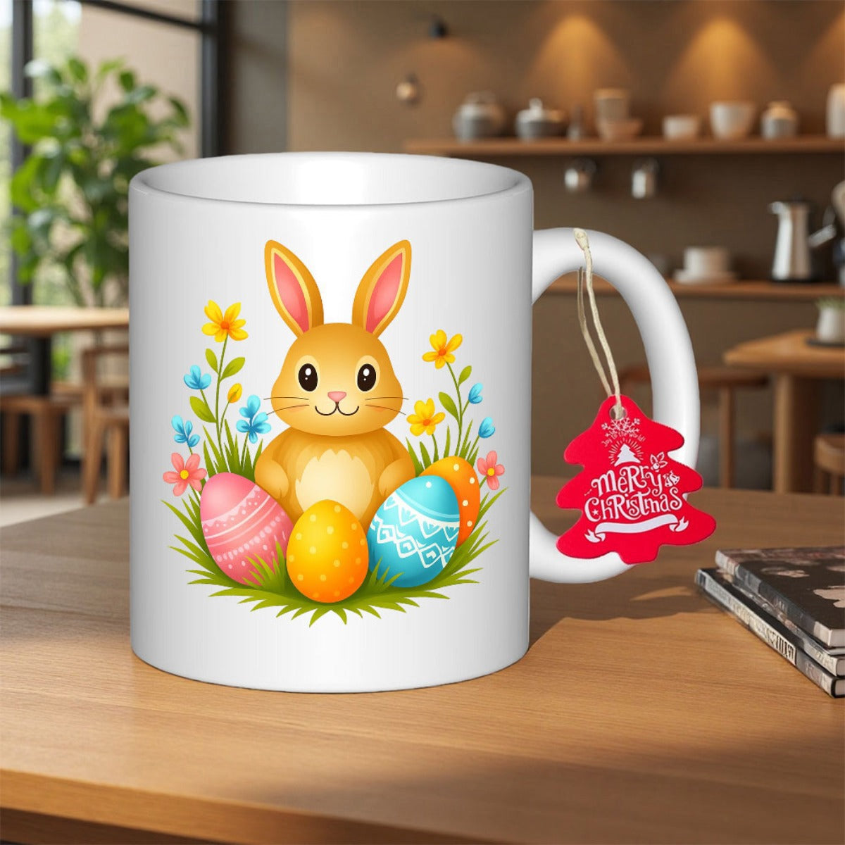 Tailorly White Ceramic 11 oz Mug - Merry Christmas Adorable Bunny Resting In Grass Beside Vibrant Painted Easter Eggs Rabbit