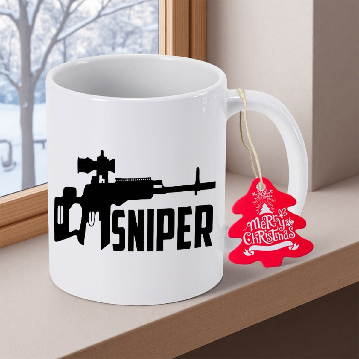 Tailorly White Ceramic 11 oz Mug - Sniper Black Silhouette Firearm Design With Precision Scope And Tactical Military Style Rifle