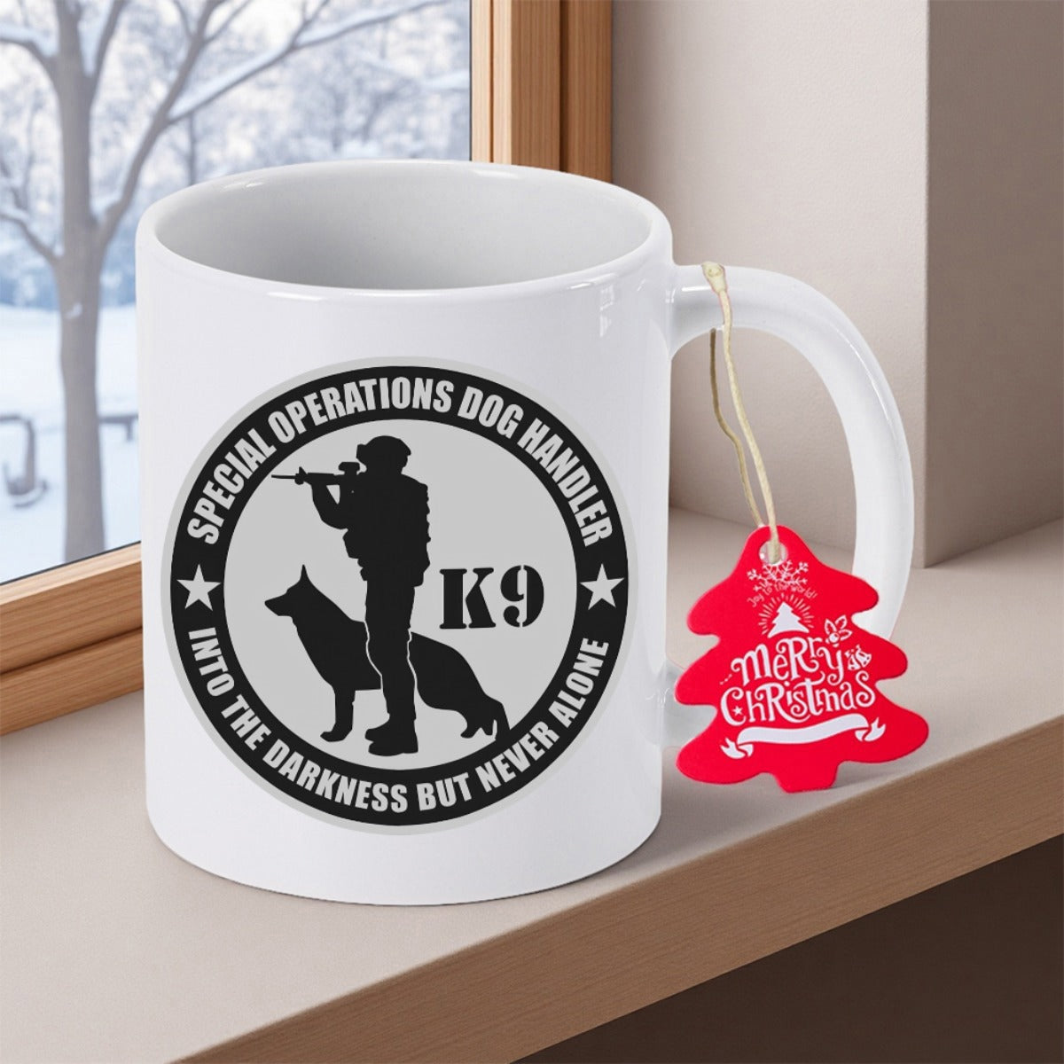 Tailorly White Ceramic 11 oz Mug - Special Operations Dog Handler K9 Into The Darkness But Never Alone Tactical Silhouette Of A Heroic Soldier And Faithful German