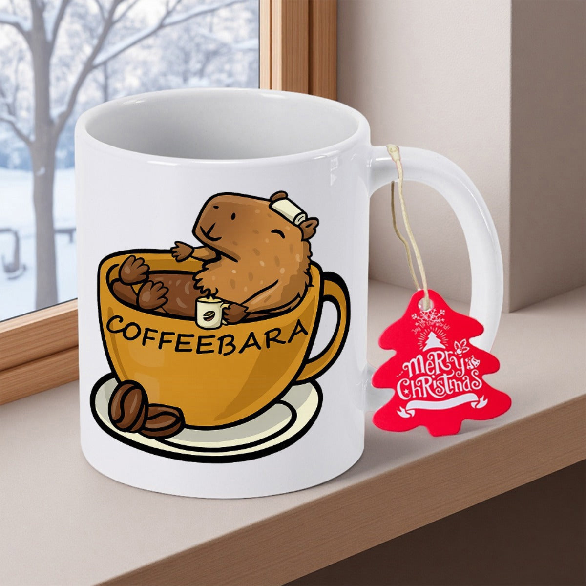 Tailorly White Ceramic 11 oz Mug - Coffeebara Adorable Little Brown Capybara Sitting Inside Large Steaming Coffee Cup Capybara