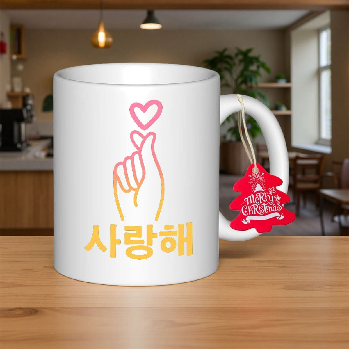Tailorly White Ceramic 11 oz Mug - Minimalist Line Art Depicting Korean Finger Heart With A Floating Heart Hand