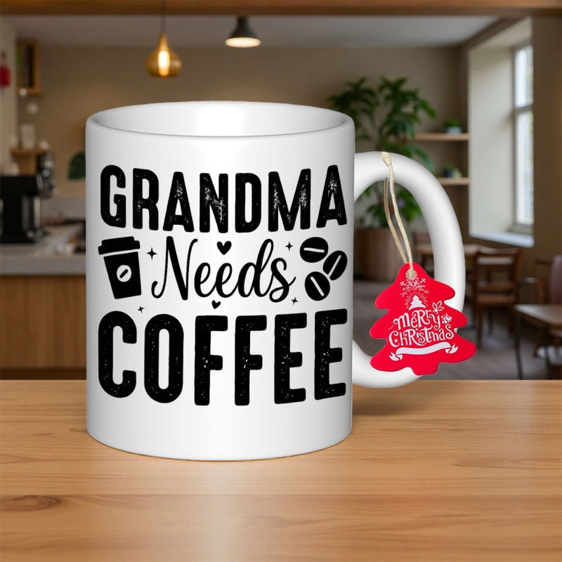Tailorly White Ceramic 11 oz Mug - Grandma Needs Coffee Stylish Bold Lettering With Cute Coffee Bean Icons And Hearts Mug