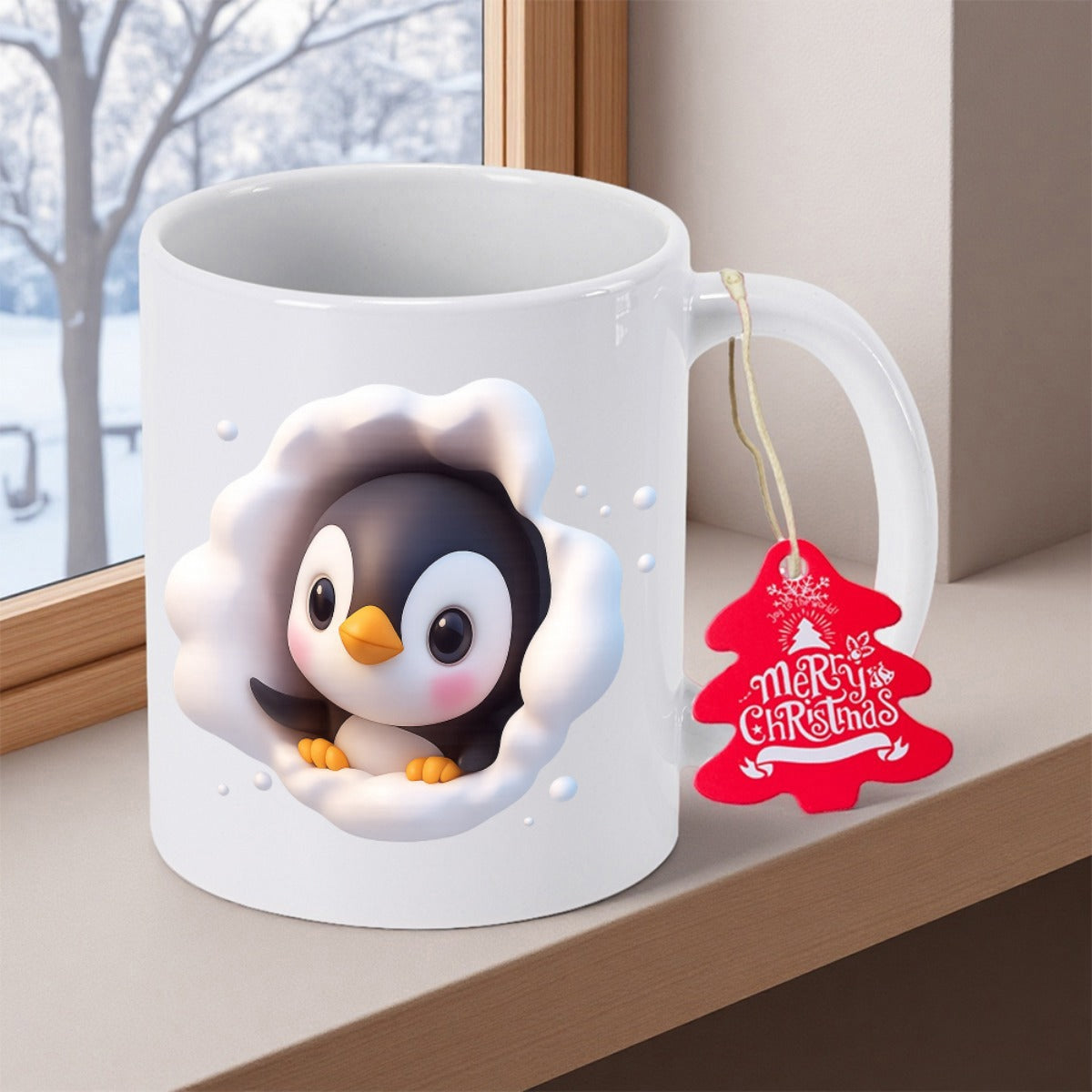 Tailorly White Ceramic 11 oz Mug - Merry Christmas Adorable Tiny Bird Peeking Through Soft Frozen White Snow Penguin