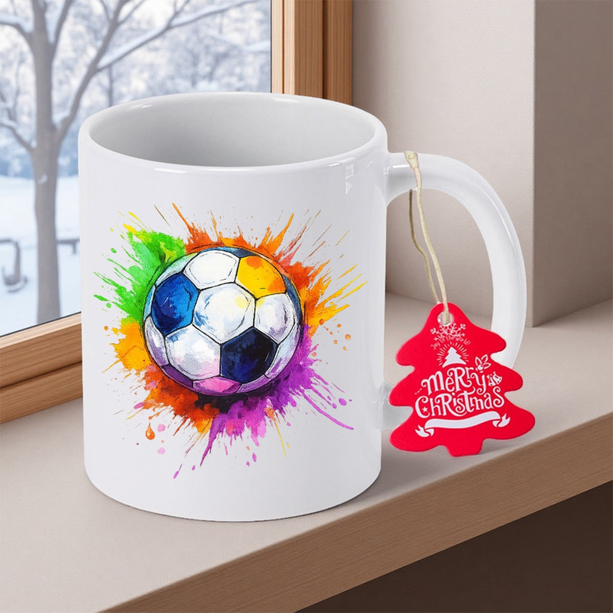 Tailorly White Ceramic 11 oz Mug - Merry Christmas Vibrant Colorful Watercolor Splatters Surrounding A Classic Sports Soccer Ball