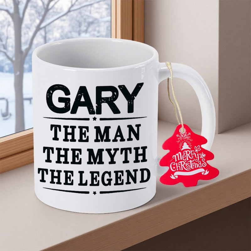 Tailorly White Ceramic 11 oz Mug - Gary The Man The Myth The Legend Classic Polished White Ceramic Cup Showing Bold Black Lettering Mug