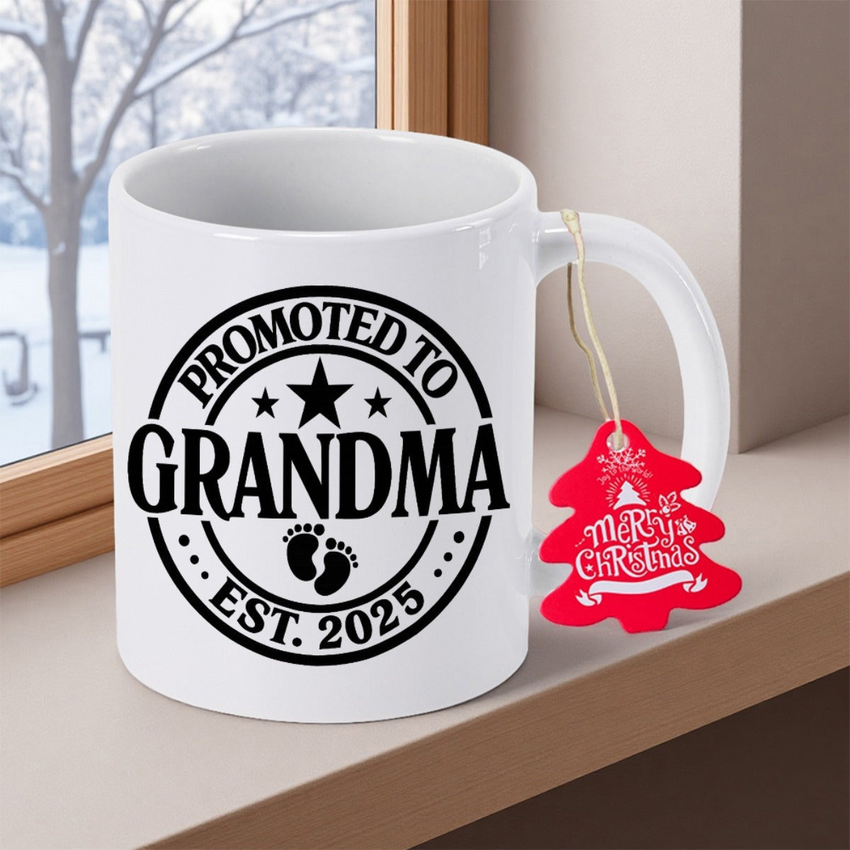 Tailorly White Ceramic 11 oz Mug - Promoted To Grandma Est 2025 Circular Badge Featuring Tiny Baby Footprints Under Three Stars Mug