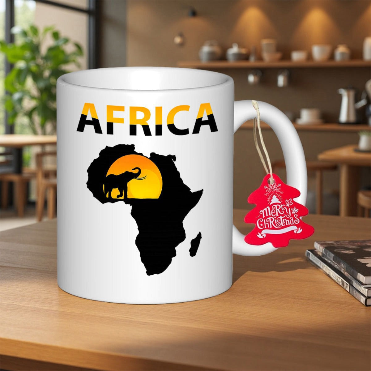 Tailorly White Ceramic 11 oz Mug - Africa Bold Silhouette Featuring Majestic Elephant Walking Under Golden Sunset Glow Map