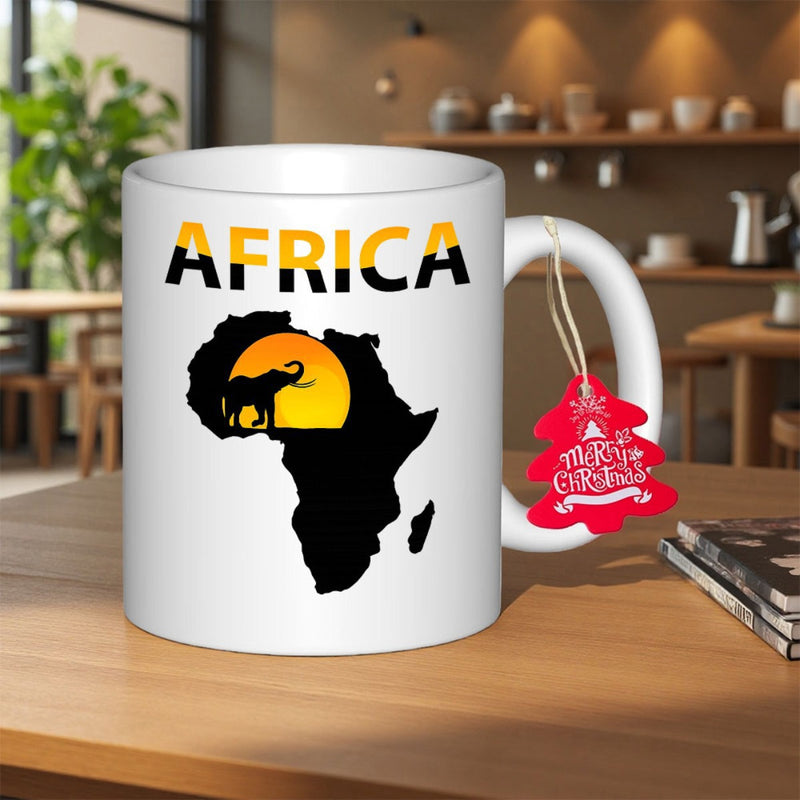 Tailorly White Ceramic 11 oz Mug - Africa Bold Silhouette Featuring Majestic Elephant Walking Under Golden Sunset Glow Map