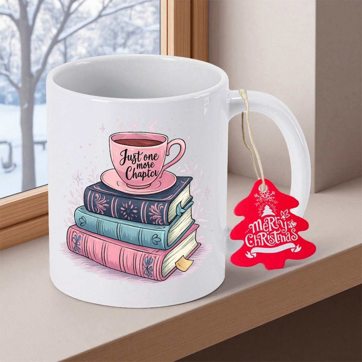 Tailorly White Ceramic 11 oz Mug - Just One More Chapter Pastel Colored Books Supporting A Steaming Tea Cup Book