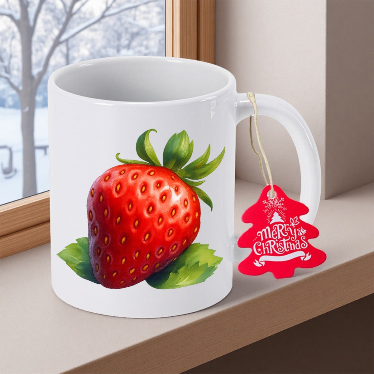 Tailorly White Ceramic 11 oz Mug - Merry Christmas Vibrant Red Ripe Fruit Featuring Green Leaves And Seeds Strawberry