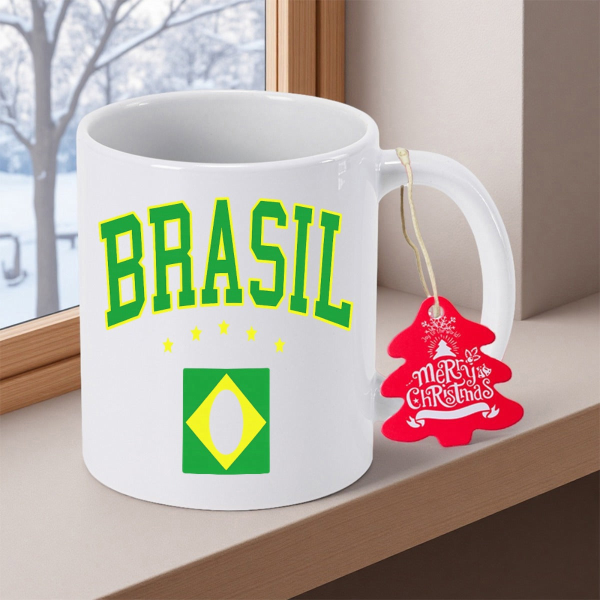 Tailorly White Ceramic 11 oz Mug - Brasil White Ceramic Base Decorated With Vibrant National Flag Colors And Stars Mug